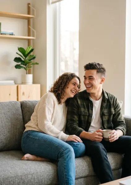 A young woman with curly hair laughing and leaning her head on the shoulder of her smiling male partner, who is holding a coffee mug while they sit barefoot on a grey living room couch.