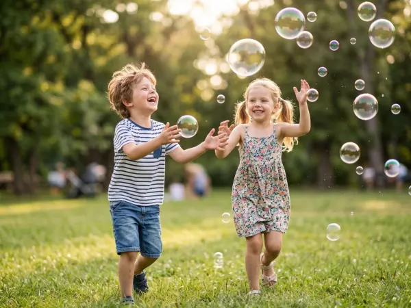 A joyful little boy in a striped shirt and a little girl in a floral dress are running eagerly towards the camera on a grassy park lawn. They have their arms outstretched and are laughing as they try to catch large, shimmering soap bubbles floating in the
