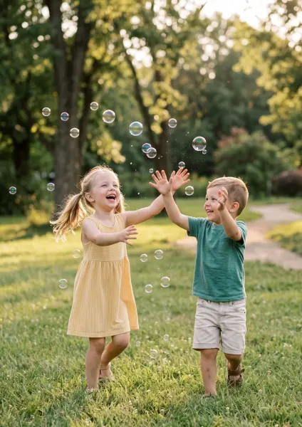A young blonde girl in a yellow dress and a little boy in a green shirt laughing excitedly as they reach up to pop floating soap bubbles in a grassy park.