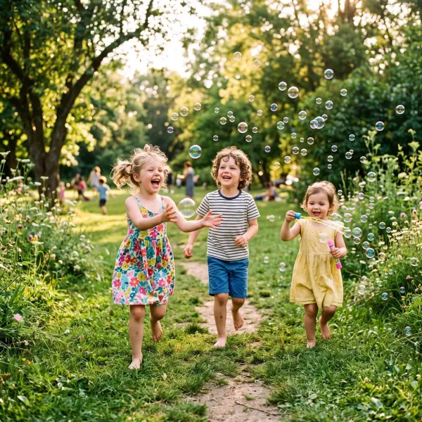 Three happy young children, two girls and a boy, running enthusiastically towards the camera on a grassy path in a park, laughing and reaching out to pop dozens of floating soap bubbles.