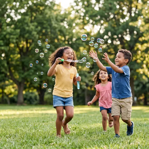 A young girl blowing soap bubbles while a boy excitedly reaches out to pop them, running on green grass in a sunny park.