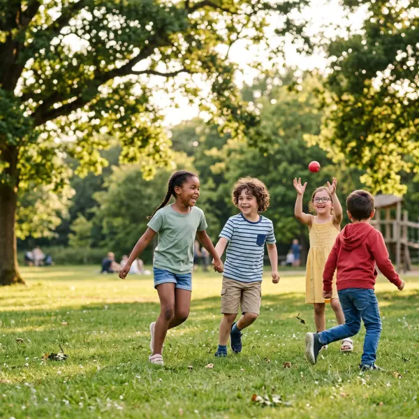 Four diverse children laughing and running together on green park grass, with one girl in the back throwing a small red ball into the air.