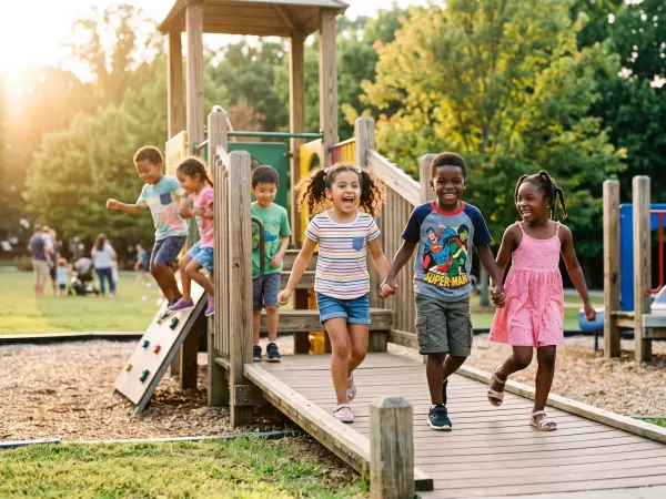Several happy, diverse children are running and playing on a wooden climbing structure and walkway at a sunny outdoor playground. The kids are laughing and holding hands.