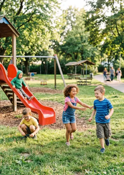 Several joyful, diverse children running and playing tag on the grass in a park, with a red playground slide and swings visible in the background.