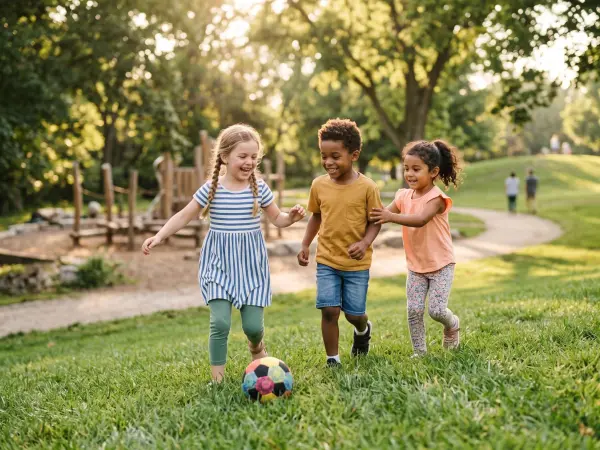 Three young diverse children running and smiling as they play with a colorful soccer ball on a grassy hill in a park, with a wooden playground visible in the background.