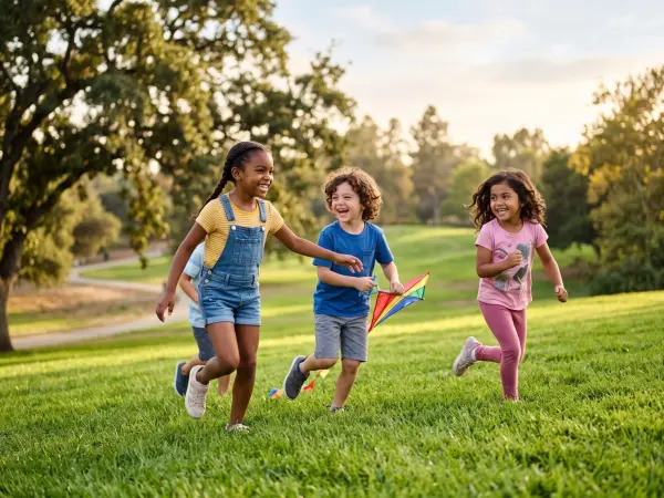 Three young diverse children running and laughing enthusiastically across a green grassy park area on a sunny day, with the boy in the center holding a small colorful kite.
