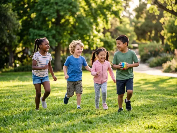 Four young, diverse children running and smiling enthusiastically across a green grassy park area on a sunny day, with one boy holding a small colorful ball.