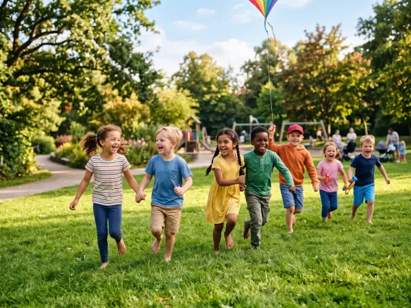 A lively scene of several diverse children holding hands and running towards the camera on lush green grass in a sunny park. Other people and a playground are visible in the blurred background.