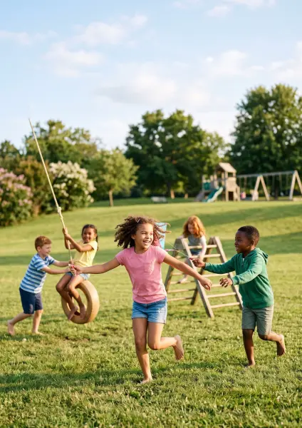 Several joyful, diverse children running barefoot and playing tag on lush green grass in a sunny park, with other kids playing on a tire swing and climbing structure in the background.