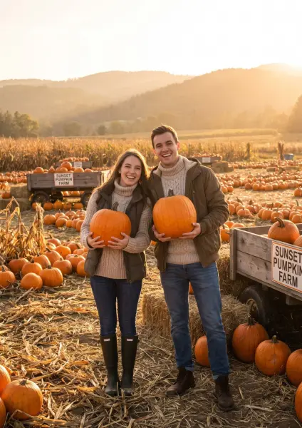 A young man and woman are standing in a large pumpkin patch, both holding pumpkins and laughing joyfully at the camera. They are dressed in warm autumn clothing. Behind them are wooden wagons with signs reading 'Sunset Pumpkin Farm' and rolling 