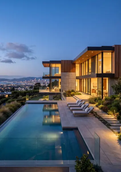A two-story contemporary luxury home with large illuminated glass windows, a sleek patio with lounge chairs, and an infinity pool reflecting the dusk sky, with a city skyline glowing in the background.