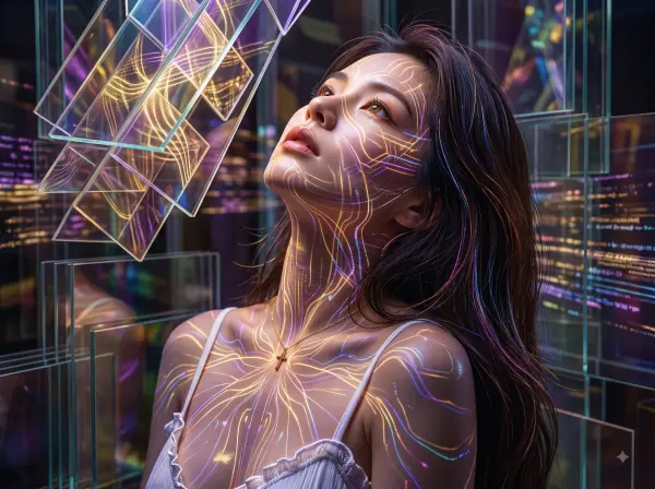 Woman with glowing neon circuit lines projected on her skin looking up at glass panels.