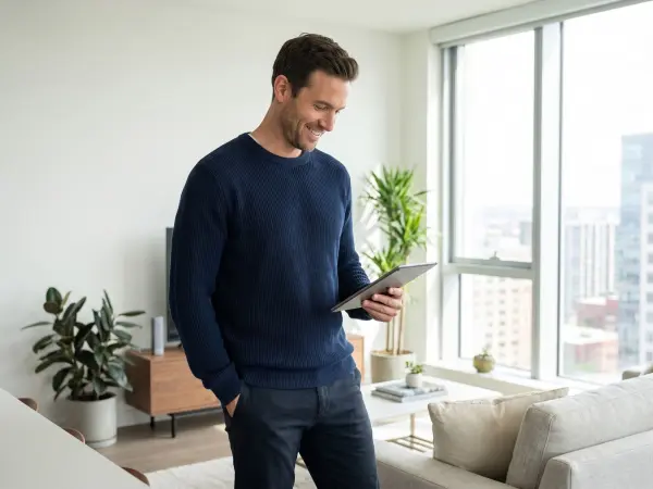 A portrait of a handsome, smiling man with short dark hair wearing a casual navy blue sweater and dark pants. He is standing in a brightly lit, modern apartment living room, looking down happily at the silver digital tablet he is holding. Large windows sh