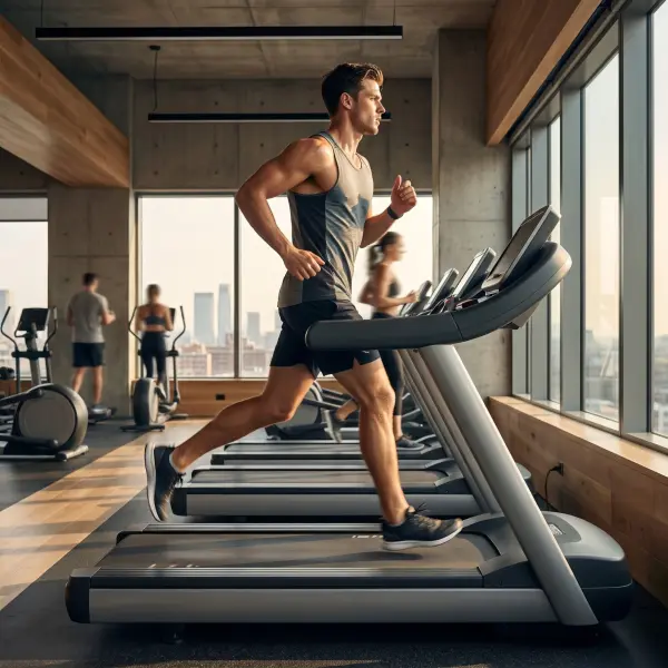 A muscular man in a grey tank top running on a modern treadmill in a bright gym setting, with large windows providing a view of a city skyline in the daytime.