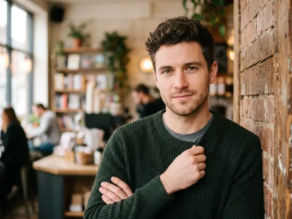 A close-up portrait of a handsome, friendly young man with short dark hair, wearing a textured green sweater, leaning casually against an exposed brick wall inside a warmly lit cafe.