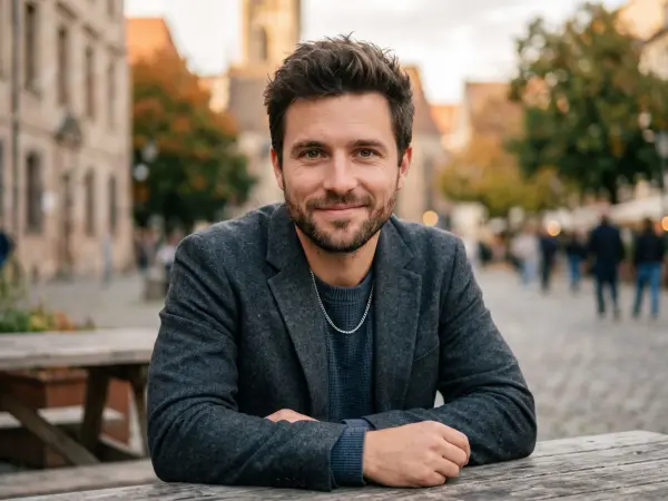 A close-up portrait of a handsome, friendly young man with short dark hair and a light beard, wearing a grey blazer and blue sweater, smiling at the camera while sitting at a weathered wooden outdoor cafe table.