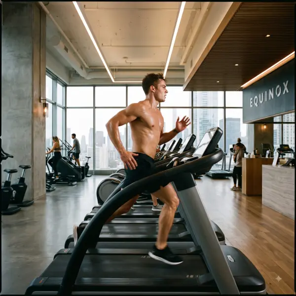Side view of a fit shirtless man running on a treadmill in a modern luxury gym.