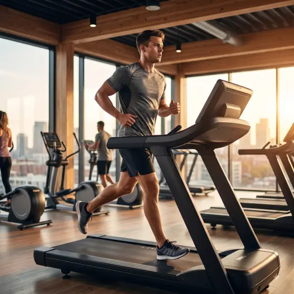 Fit man in a grey shirt running on a treadmill in a modern gym during golden hour.