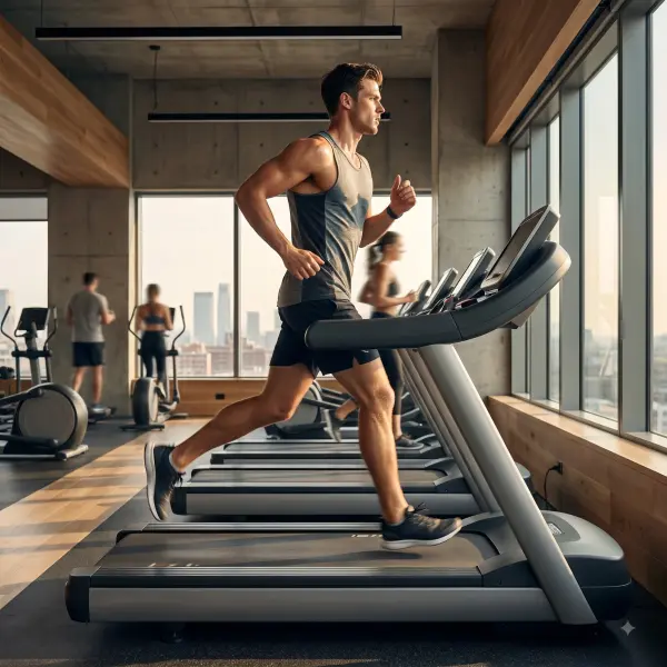 Athletic man in a grey tank top running on a treadmill in a concrete industrial gym.