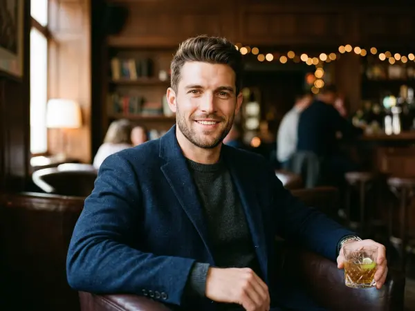 A portrait of a handsome young man with a slight beard, wearing a navy blue blazer over a grey sweater, smiling warmly at the camera while holding a cocktail glass in a cozy, softly lit pub.