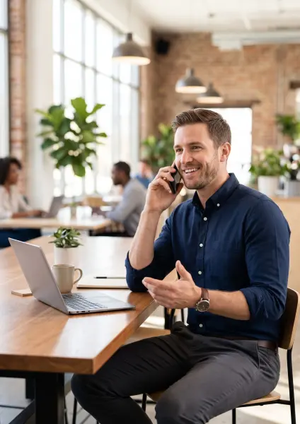 A handsome young man with a short beard sits at a wooden table in a busy, modern cafe or coworking space. He is wearing a dark blue shirt and is smiling warmly while talking on a smartphone. An open silver laptop and a coffee mug are on the table in front