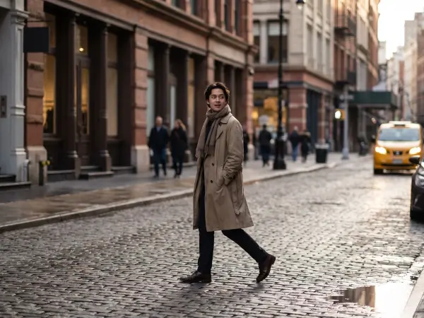 A full-length photo of a handsome young man wearing a classic beige trench coat over dark clothing and a scarf. He is walking confidently across a wet cobblestone street lined with historic brick buildings. A blurred yellow taxi is visible in the backgrou
