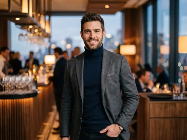 A portrait of a handsome, well-dressed man wearing a grey blazer over a dark turtleneck, smiling warmly with one hand in his pocket, standing in a sophisticated, softly lit restaurant lounge.