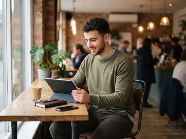 A young man in an olive green sweater sits at a wooden window counter in a busy cafe, smiling as he holds a dark digital tablet, with an iced coffee and notebook nearby.