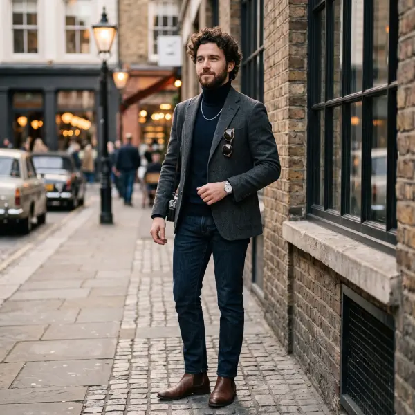 A full-length portrait of a handsome young man with curly hair and a beard, wearing a grey wool blazer, dark turtleneck, and blue jeans, walking confidently towards the camera on a historic cobblestone city street.