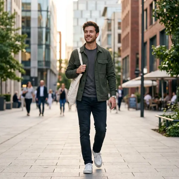 A young Caucasian man smiling and walking towards the camera on a paved pedestrian city street, carrying a canvas tote bag and wearing a green overshirt.