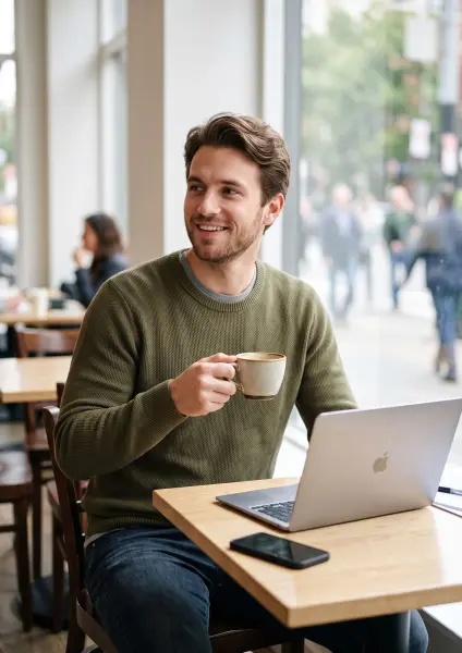 A young Caucasian man in an olive green sweater sitting at a cafe table, holding a ceramic coffee mug and smiling while working on his silver laptop.