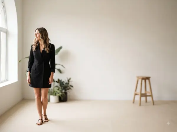 Full length portrait of an elegant woman in a black blazer mini dress looking out an arched window.