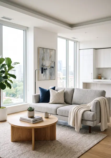 A wide view of a bright, minimalist modern apartment interior. The space features a light grey sofa with throw pillows, a round wooden coffee table, and abstract art on the wall. Large floor-to-ceiling windows offer a view of trees and city buildings. A w