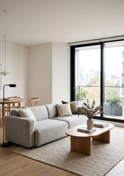 A wide view of a bright, minimalist modern living room. The space features a light grey modern sofa with throw pillows, a curved wooden coffee table, and a small dining table in the background. Large black-framed sliding glass doors open to a balcony with