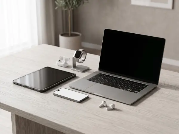 A highly organized minimalist desk setup on light wood, featuring an open silver laptop, a black smartphone, a tablet, white wireless earbuds, and a smartwatch resting on an aluminum charging stand.