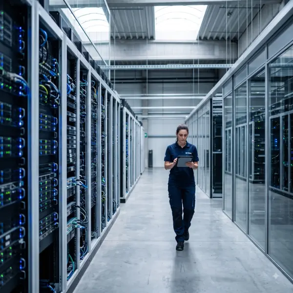 Female IT professional walking down a server aisle holding a tablet in a bright data center.