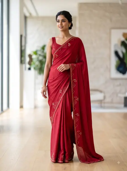 Elegant woman wearing a modern red designer saree with minimalist gold embroidery standing in a bright room.
