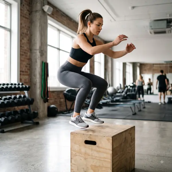 Athletic woman in mid-air performing a box jump onto a wooden plyo box in a gym.