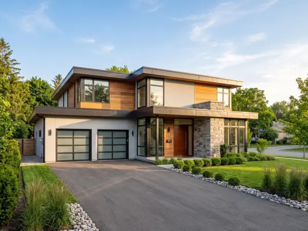 A large contemporary two-story home featuring a flat roof, large black-framed windows, and an exterior composed of grey panels, horizontal wood siding, and a prominent stacked stone pillar next to the front door, with a manicured lawn and driveway.