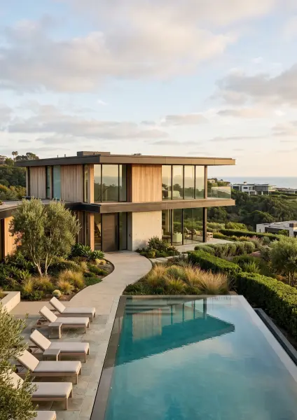A multi-level contemporary luxury home with light wood siding and large glass windows, featuring a meticulously landscaped front yard, an infinity pool with lounge chairs, and an ocean view in the background.
