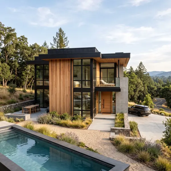 A two-story contemporary home featuring vertical wood siding, black metal framing, and large windows, situated on a hill with a rectangular swimming pool and a car in the driveway.