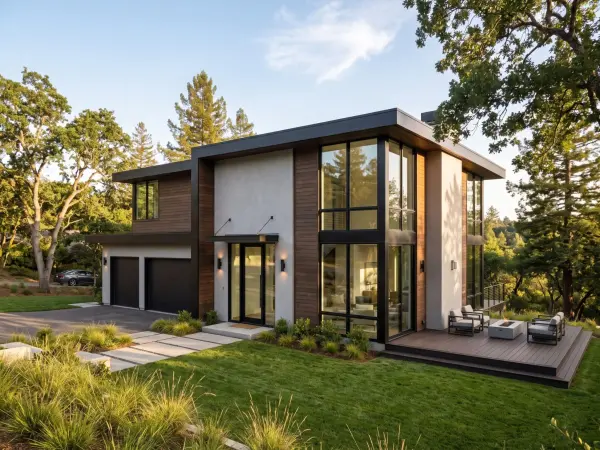 A two-story contemporary home featuring dark wood siding and grey stucco, large black-framed windows, a manicured front lawn, and an outdoor wooden deck with a fire pit.
