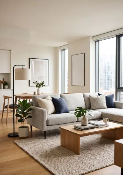 A wide shot of a spacious, light-filled modern living room. The room features a light hardwood floor, a large grey sectional sofa with navy and beige pillows, a sleek wooden coffee table, a floor lamp, and a dining area with a wooden table in the backgrou