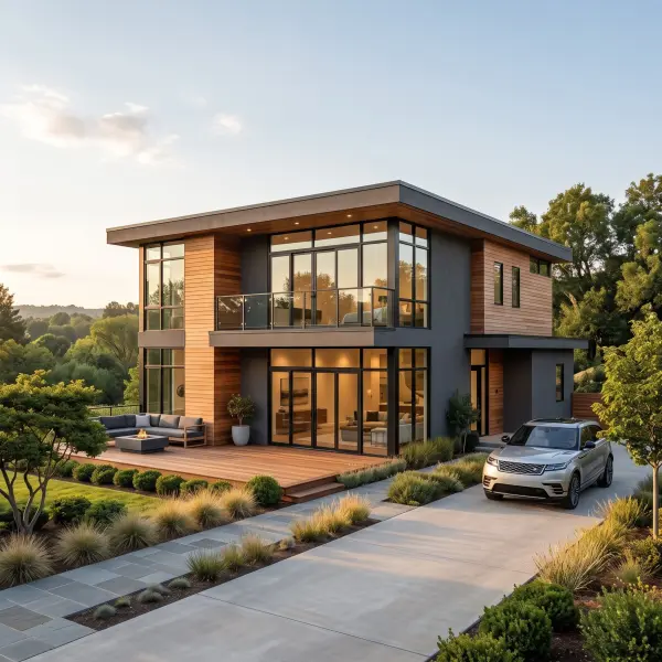 A large contemporary two-story house with dark grey and wood exterior walls, massive floor-to-ceiling windows, a wooden patio deck, and a silver SUV parked in the concrete driveway at sunset.