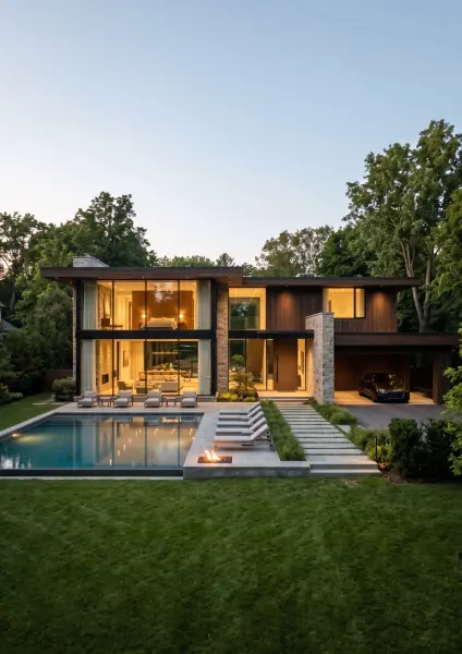 A two-story contemporary home glowing with warm interior light at dusk, featuring large glass windows, a swimming pool, lounge chairs, a fire pit, and a dark car parked in the open garage.