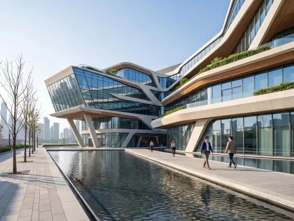 A wide, sunny daytime shot of a highly modern, futuristic office building. The architecture features striking, sweeping curved concrete elements that overhang large walls of blue-tinted glass. In the foreground, a dark, still reflecting pool mirrors the s