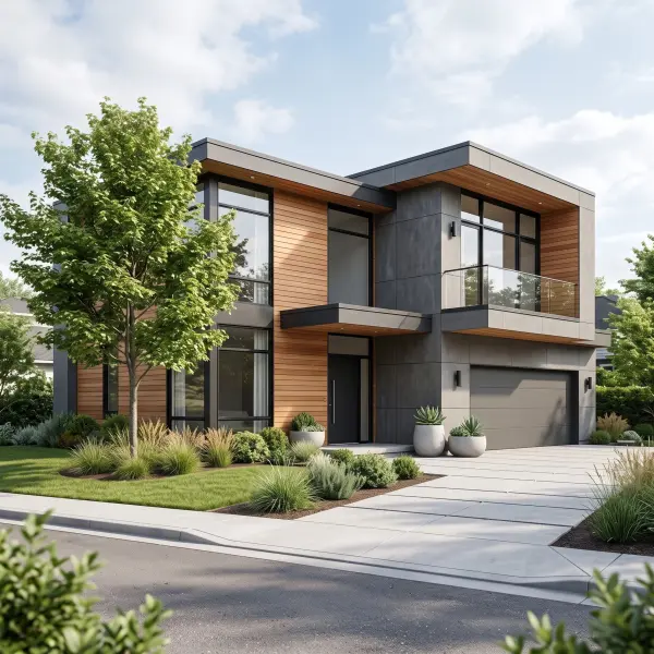 A contemporary two-story home with a flat roof, featuring grey paneling and horizontal wood siding, large windows, a second-floor glass balcony, and a manicured front lawn and driveway.