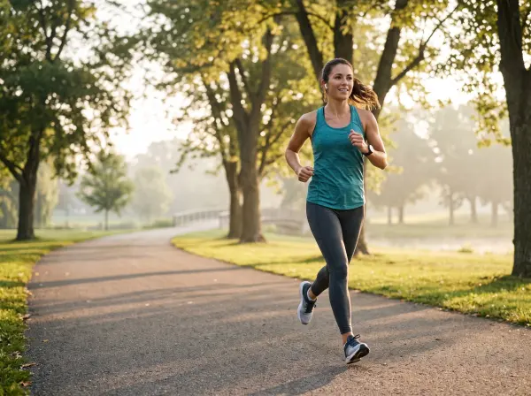 Fit woman running on a paved park path surrounded by sunlit trees in the morning.