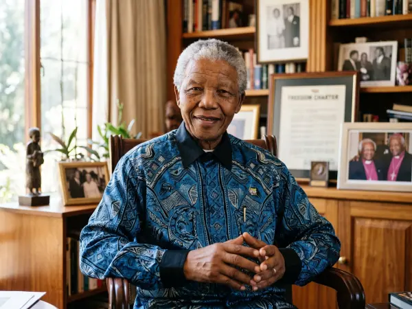 A portrait of Nelson Mandela sitting at a desk with his hands clasped, smiling gently at the camera. He is wearing a vibrant blue, patterned long-sleeved shirt. Behind him is a wooden bookshelf filled with books and framed photographs.