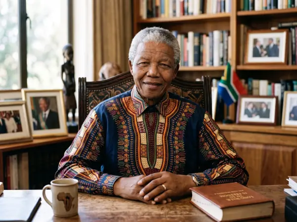 A portrait of Nelson Mandela sitting at a large wooden desk, smiling warmly. He wears a dark blue shirt with intricate, colorful traditional embroidery. On the desk are a book and a coffee mug. Bookshelves and a small South African flag are visible in the